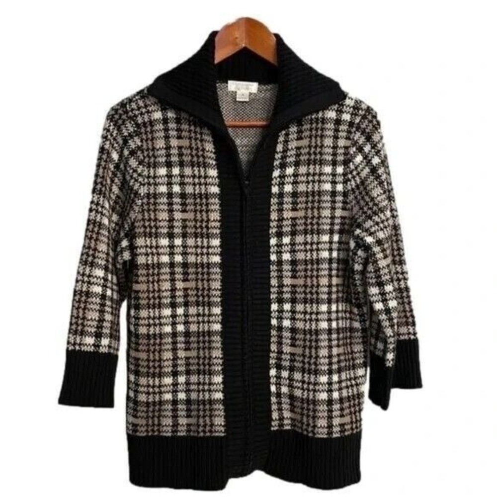 Christopher & Banks Plaid Cardigan Sweater Knit Zip Up Shawl Collar M